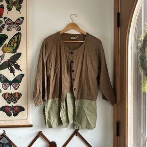 Kiko Two-Tone Brown and Green Women's Button-Down Linen Shirt